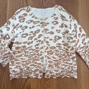 Chico's Charlee‎ Cheetah Lace Hem Cardigan Knit Sweater Size 1 Medium A5